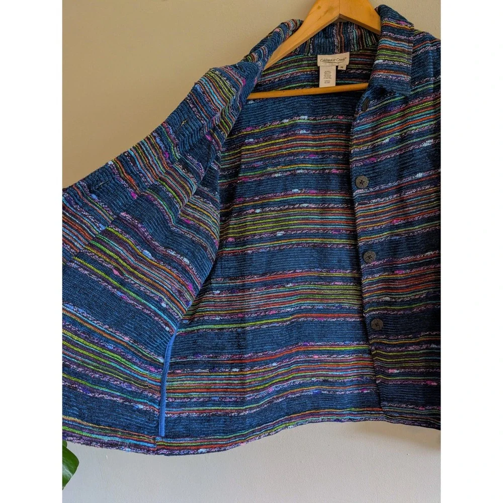 Coldwater Creek Blue Multi Stripe Textured Button Front Jacket Medium Artsy
